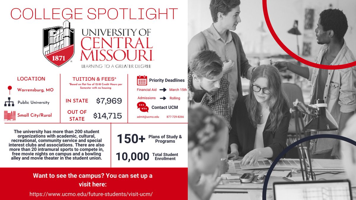 This week for college spotlight Wednesday we are spotlighting the University of Central Missouri! they are a Public University located in Warrensburg, MO! This is a campus with a large selection of plans and programs to choose from and located one hour from the KC Metro!