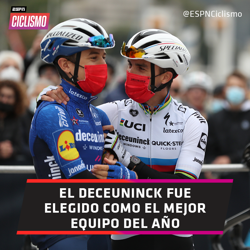 ESPNCiclismo's tweet photo. #ESPNCiclismo ¡El #DeceuninckQuickStep es el mejor equipo del año para la #UCI! La manada de Julian #Alaphilippe y Remco #Evenepoel, entre otros, finalizó la temporada con un puntaje de 9615 y por tercera vez en cuatro años, se coronó como el mejor equipo. 🔝👏 https://t.co/B52fjYzxlu