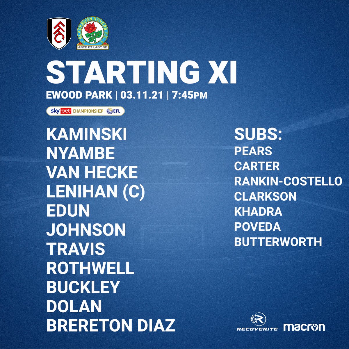 Rovers's tweet photo. 📋 Team News: Here is your #Rovers starting line-up to face @FulhamFC!

🔄 Just one change from the weekend.

#ROVvFUL 🔵⚪️ https://t.co/GitDH9ltmZ