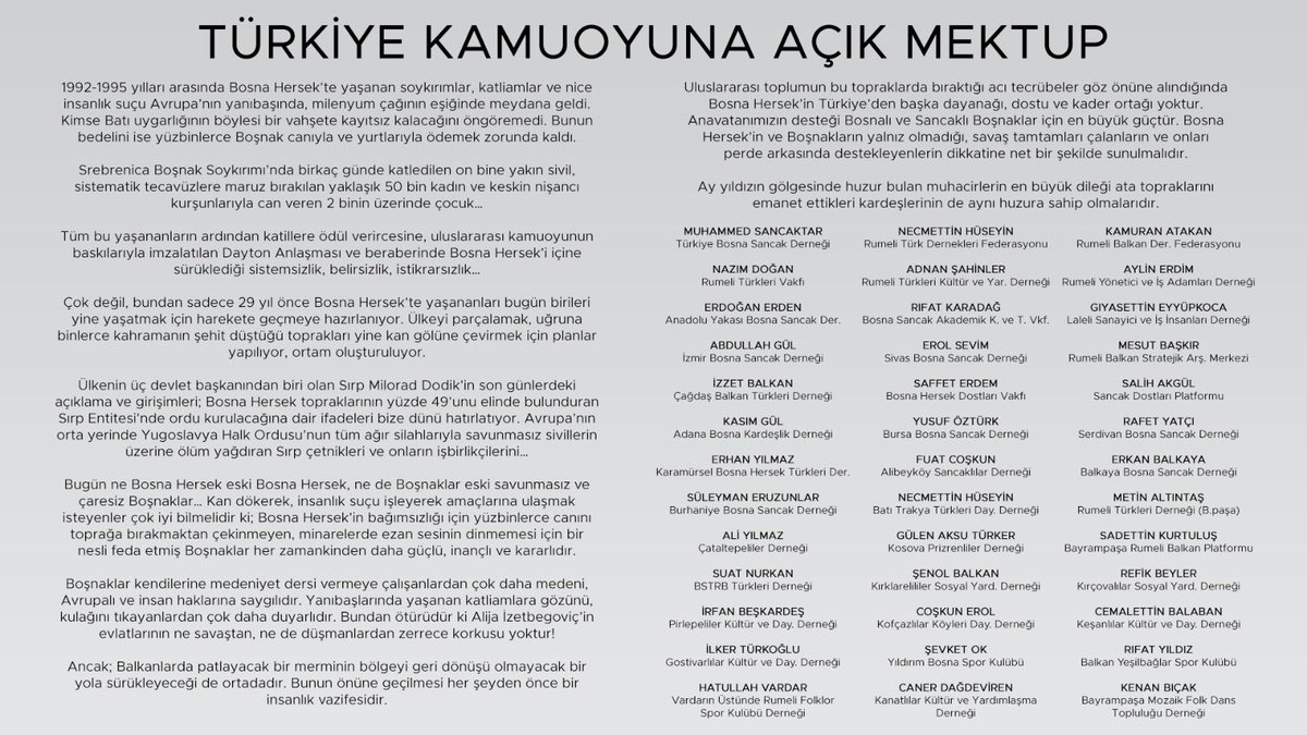 muhammed_sncktr's tweet photo. TÜRKİYE KAMUOYUNA AÇIK MEKTUP

#turkiye #bosna #sancak #disisleribakanligi #suleymansoylu #mevlutcavusoglu #icisleribakanligi #bosnahersek https://t.co/YxDFgXgKLb