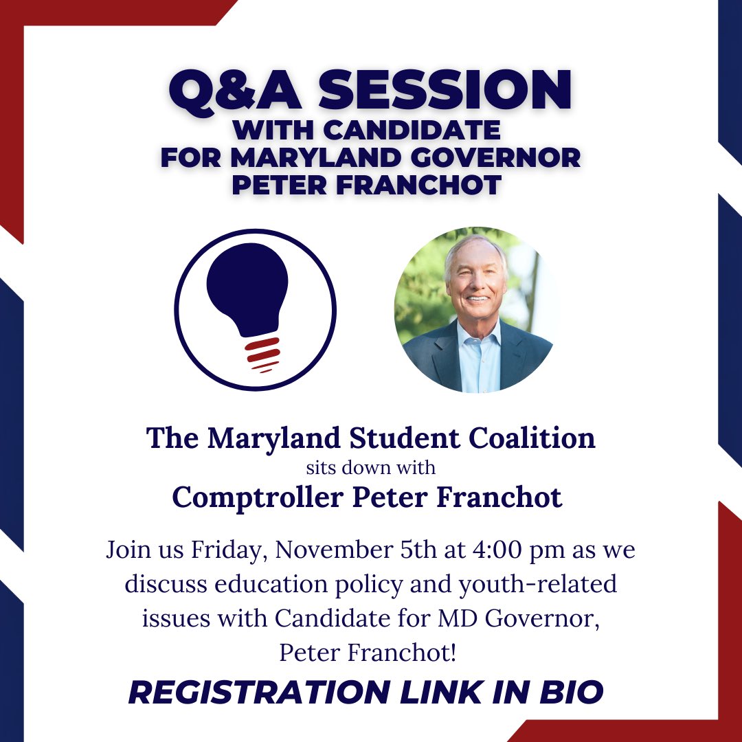 MarylandStudent's tweet photo. We hope to see you this Friday at 4:00 as we sit down with @peterfranchot for our fourth Q&amp;A session! 

Register for the event in our Linktree under “event registration” tab. 

#peterfranchot #qandasession #studentleadership #marylandstudentcoalition https://t.co/lrosdsQ9pR