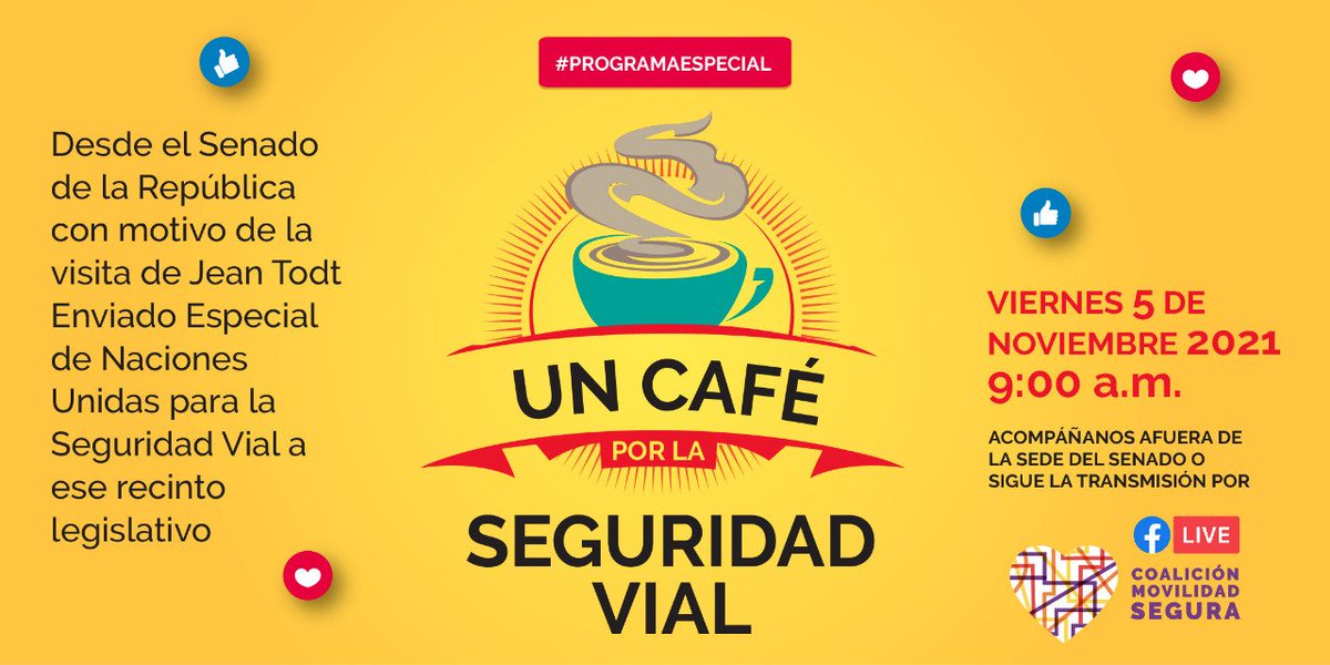 ¡No te pierdas nuestro Café por la seguridad vial en vivo desde el Senado de la República con motivo de la visita de <a href="/JeanTodt/">Jean Todt</a> a este recinto legislativo! Viernes5nov 9 am con café cortesía de <a href="/LaCadenciaL/">La Cadencia</a> ¡Vamos juntxs por #LeyMovilidadSegura!