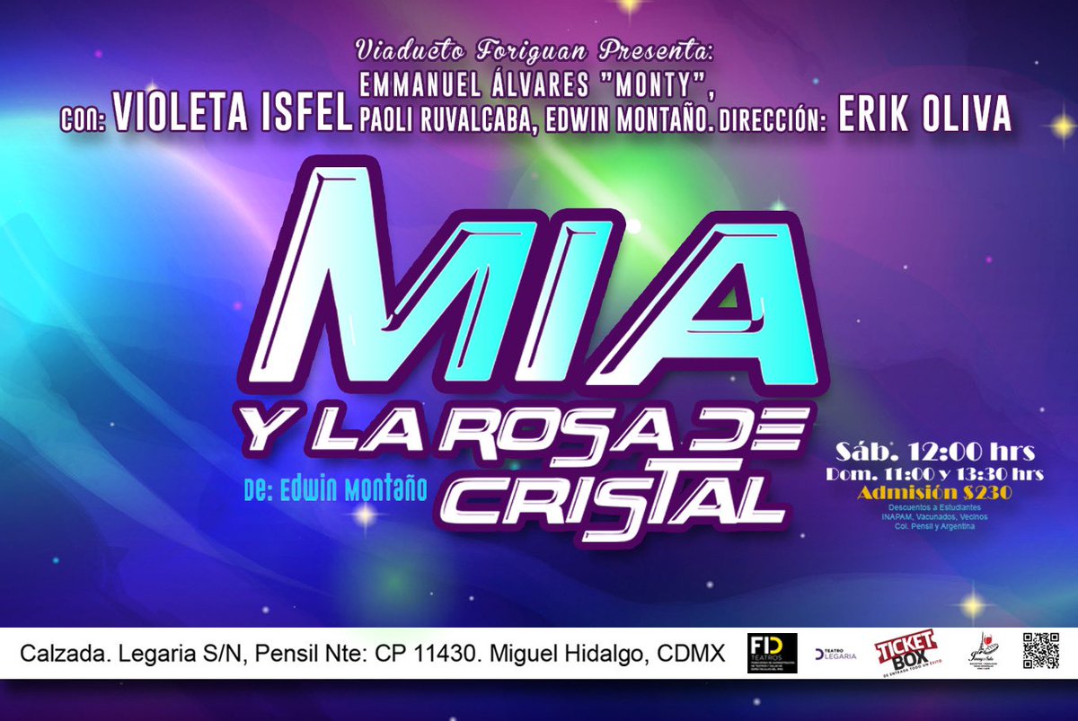 ⭐️¡Ven a vivir una aventura en familia! Con “Mia y la Rosa de Cristal” ⭐️ 

SÁBADOS 12:00 hrs  
DOMINGOS 11:00 y 13:30 hrs

⭐️ Adquiere tus entradas en 
teatrolegaria.com