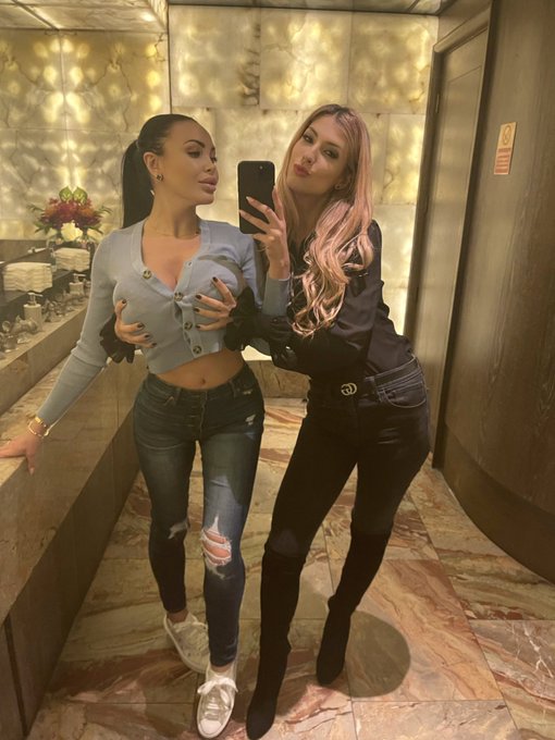 Naughty girls! @ShonaRiver love to play with my big boobs in the rethrooms of the restaurant hehe ??