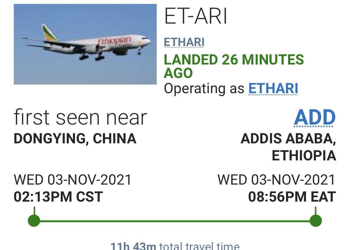 Breaking: Ethiopian Airlines cargo, Tail #- ETHARI, minutes ago landed at Bole int airport from Dalian, China containing TL-2 missiles & other weapons. The Chinese govt & Ethiopian Airlines are directly involved in the Ethiopian genocidal war. @SecBlinken @USCC_GOV @jakejsullivan