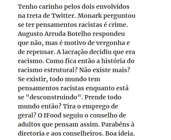 O vilão explorador de motoboy <a href="/ifood/">iFood</a> virou heroi da lacração por tirar patrocínio do <a href="/flowpdc/">Flow Podcast</a> do <a href="/monark/">♔ Monark</a> 

No mundo real, o business do IFood é gerenciamento de dados.

Com quantas terceirizadas e psicopatas do tipo "Marielle Peneira" ele compartilha?

gazetadopovo.com.br/vozes/madelein…