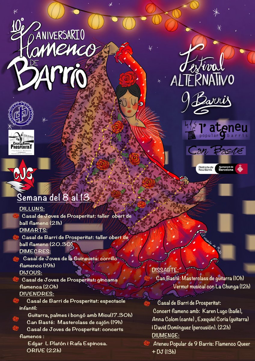 CasalBProspe's tweet photo. 💃🏽 El festival #FlamencoDeBarrio fa 10 anys i ho celebrem amb tota una setmana d'activitats a diversos equipaments de #NouBarris: @CasalBProspe, @CJProspe, @ateneu9b, @CJGuineueta i @canbaste.
ℹ️ Del 8 al 14 de novembre: consulta tota la programació aquí: https://t.co/mu2i0vsBDm https://t.co/ggYslDfNN8