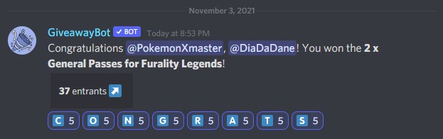 Congratulations to <a href="/DiaDaDane1/">DiaDaDane</a> &amp; <a href="/XmasterPokemon/">PokemonXmaster</a> for winning the <a href="/furality/">Furality</a> Legends pass giveaway on Discord sponsored by <a href="/KunaiCheesnep24/">kunaicheesnep.bsky.social</a> - Thank you so much for taking part.

#syernide #FuralityLegends #VRChat #furry #Discord