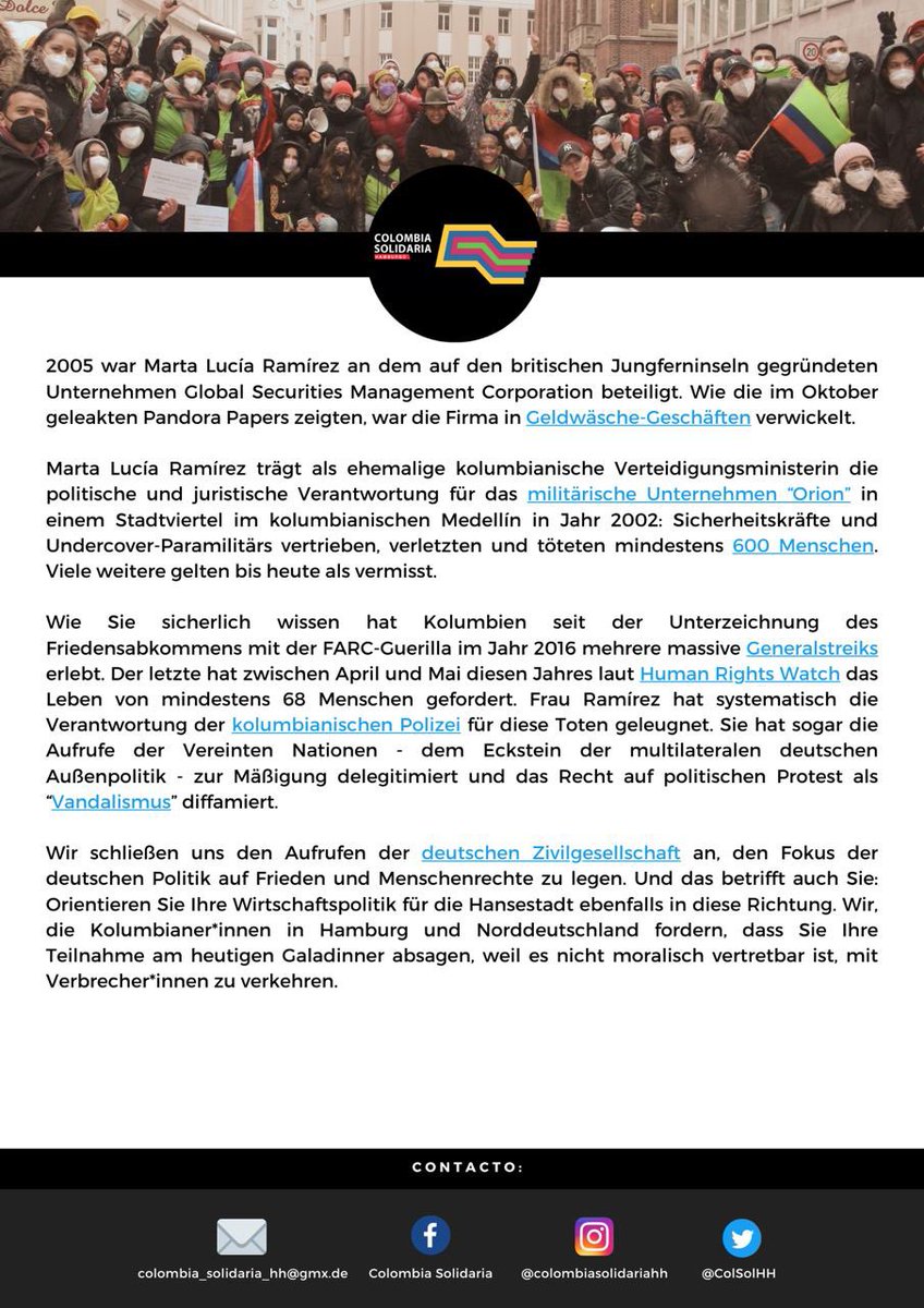 ColSolHH's tweet photo. Unser offener Brief an den Hamburger Bürgermeister Peter Tschentscher (SPD) aus Anlass des Besuchs Marta Lucía als Ehrengast im Rahmen des 72. Lateinamerika-Tags am 4.11. im Hamburger Rathaus.
#RamirezMiente #RamirezLügt #RamirezLies https://t.co/idaB5mBJMk