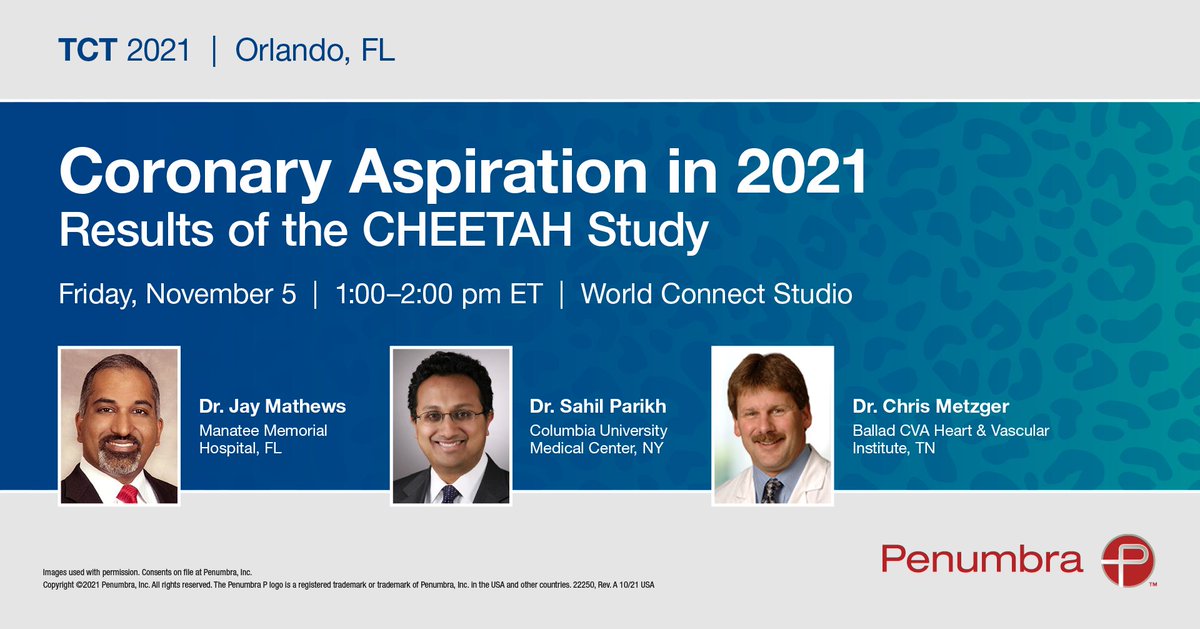 Hear Drs. @SjayMathews, @SahilParikh, and Metzger discuss the significance of the new #CHEETAHStudy #PowerAspiration data coming out at #TCT2021! Tune in to the World Connect Studio Nov 5th 1-2pm ET. bit.ly/3CrBSND