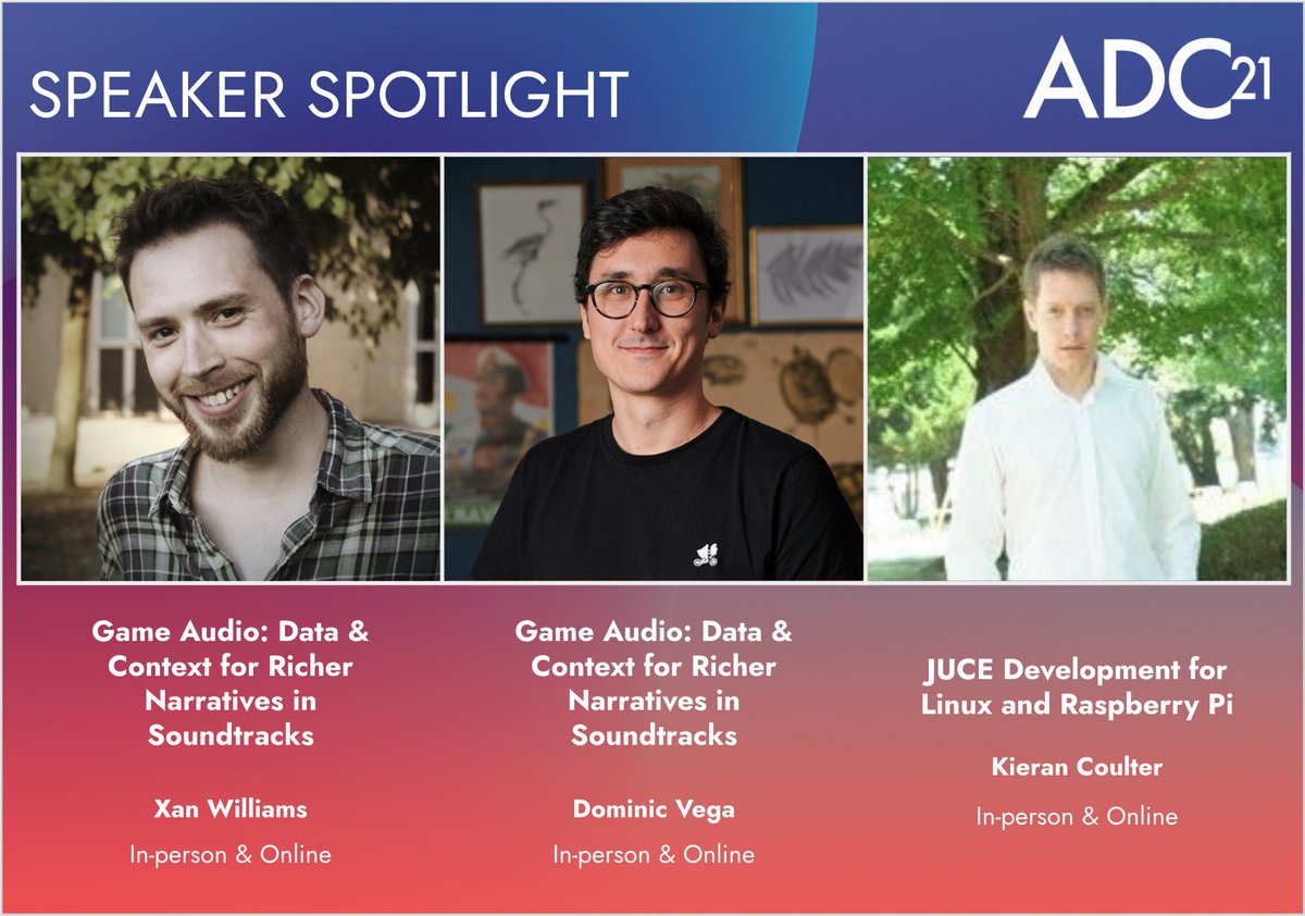 #ADC21 Speaker Spotlight: Join us on 16 Nov to hear from Xan Williams, Dominic Vega, and Kieran Coulter.

For more information: 
audio.dev

In-person (London) and online hybrid conference takes place 15-16 Nov, online workshops 19 Nov.

#audio #developer #conference