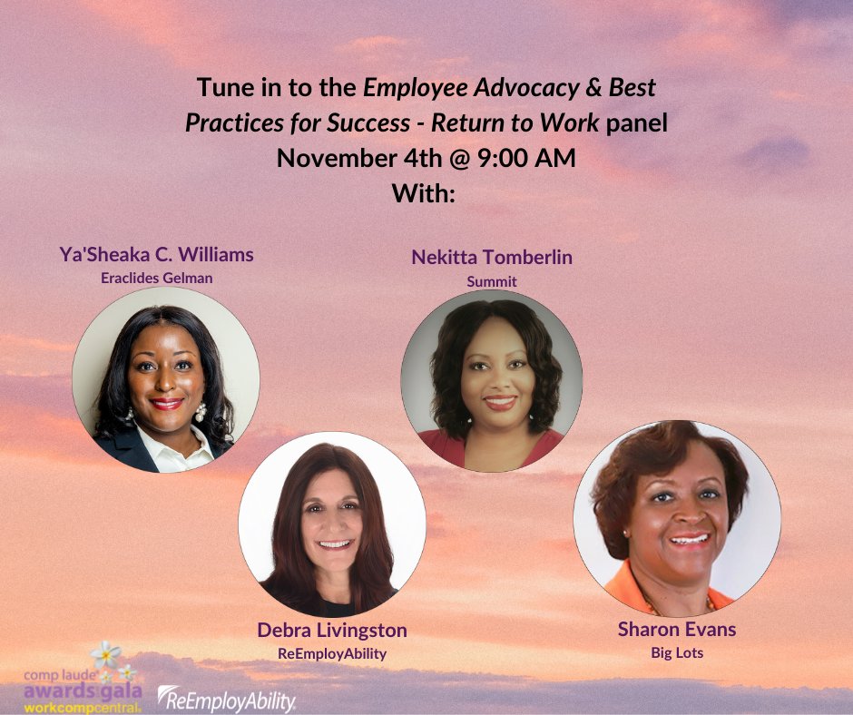 reemployability's tweet photo. On Nov. 4th @ 9AM, join Debra Livingston, Nekitta Tomberlin, Sharon Evans, and Ya'Sheaka Williams where they will discuss the challenges of return-to-work and how providing a return-to-work program benefits the employee. Visit https://t.co/ZVoDZuvWwU to learn more. #complaude https://t.co/pXUAcPweoz