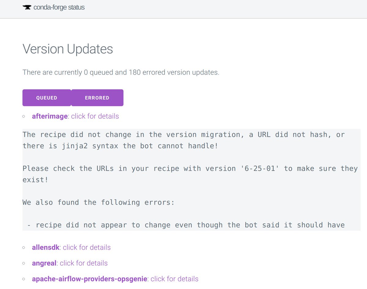 condaforge's tweet photo. Want to help conda-forge but don't know where to start? Check our status page and look for the packages that errored out: 
https://t.co/6pLmbVgY3Y

Most of the time the fix it is just a simple PR away :-) https://t.co/QMrtulBMvq