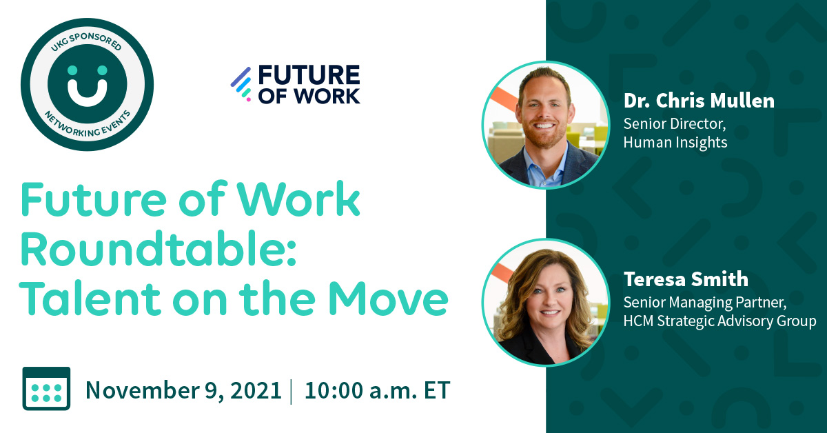 katbmoreno's tweet photo. Join @UKGInc for the #FutureofWorkUSA Roundtable on Nov 9 at 10amET! Dr. Mullen and Teresa will be part of an impactful convo about Talent on the Move. It will focus on how orgs can attract talent &amp; contribute to an orgs overall health. Register now! https://t.co/ti5kgUXHHi https://t.co/jJgb6FTzTO