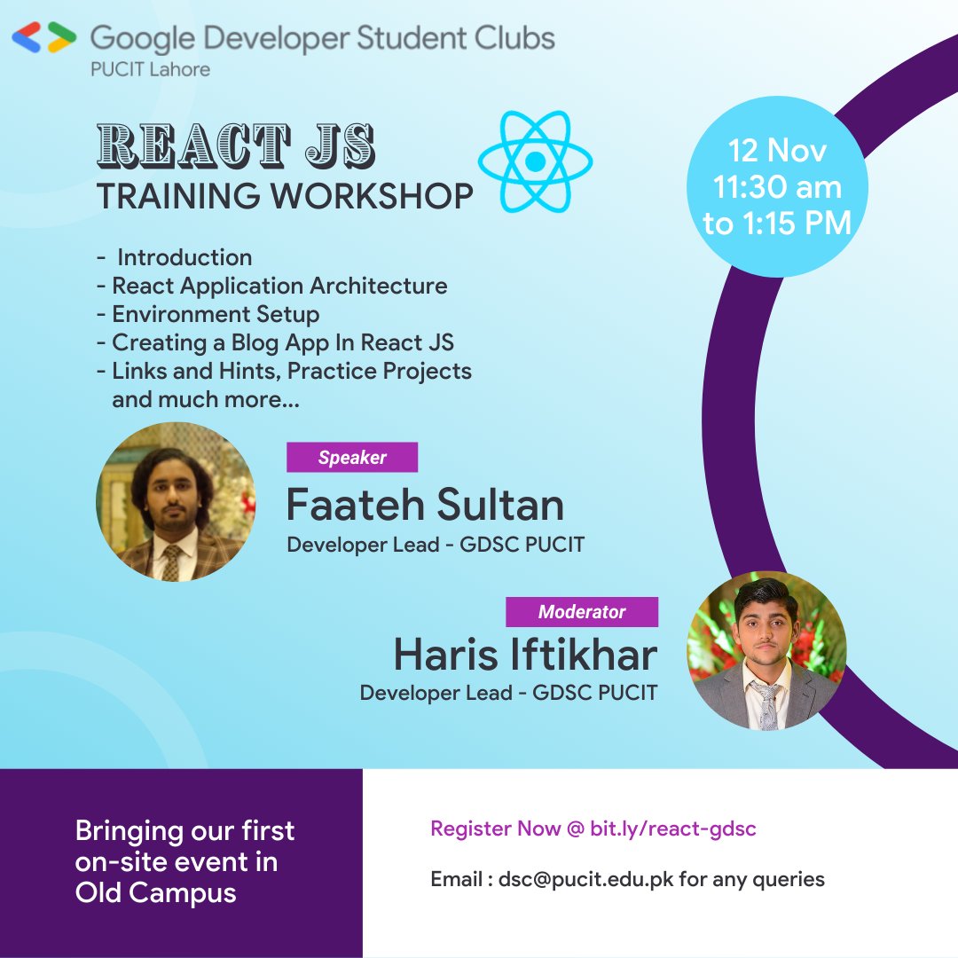 dscpucit's tweet photo. Greetings PUCITIANS!
GDSC is delighted to present React JS workshop at PUCIT-OC. React is a free and open-source front-end javascript library for building user interfaces or UI components.
Register Now @ https://t.co/NU7wfR5lMS
#GDSCPUCIT #REACT #WORKSHOP #OC #NC #DSC #PUCIT https://t.co/jUtMRXcDAD