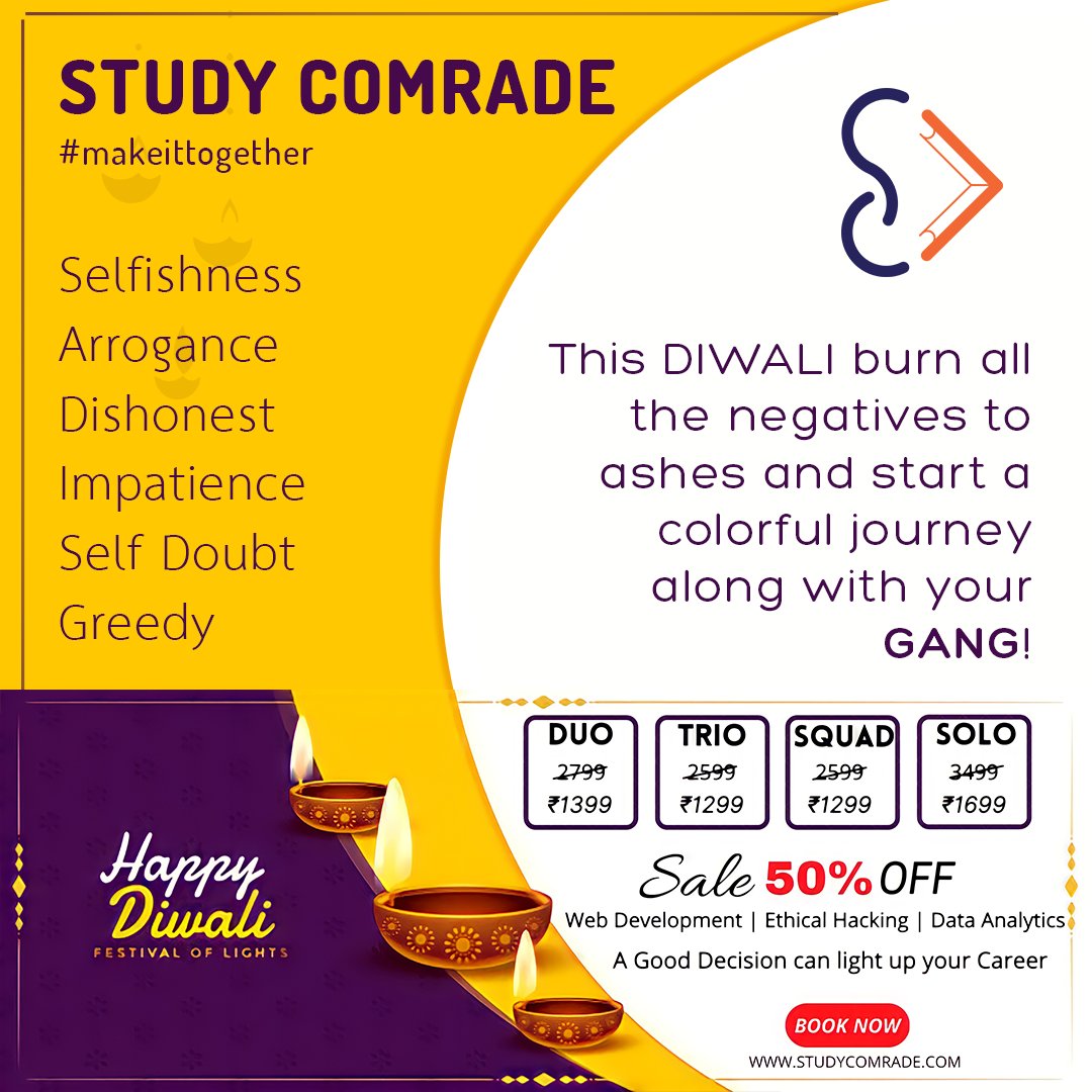 studycomrade's tweet photo. On this Diwali, with gleams of diyas, you can brighten your future by joining with us. Register now and get the courses at discount👇.
https://t.co/vsRGdGakYE

#diwali #diya #studycomrade #makeittogether #Ethicalhacking #webdevelopment #dataanalytics #marketing #onlinecourse https://t.co/sukDfKwMs8