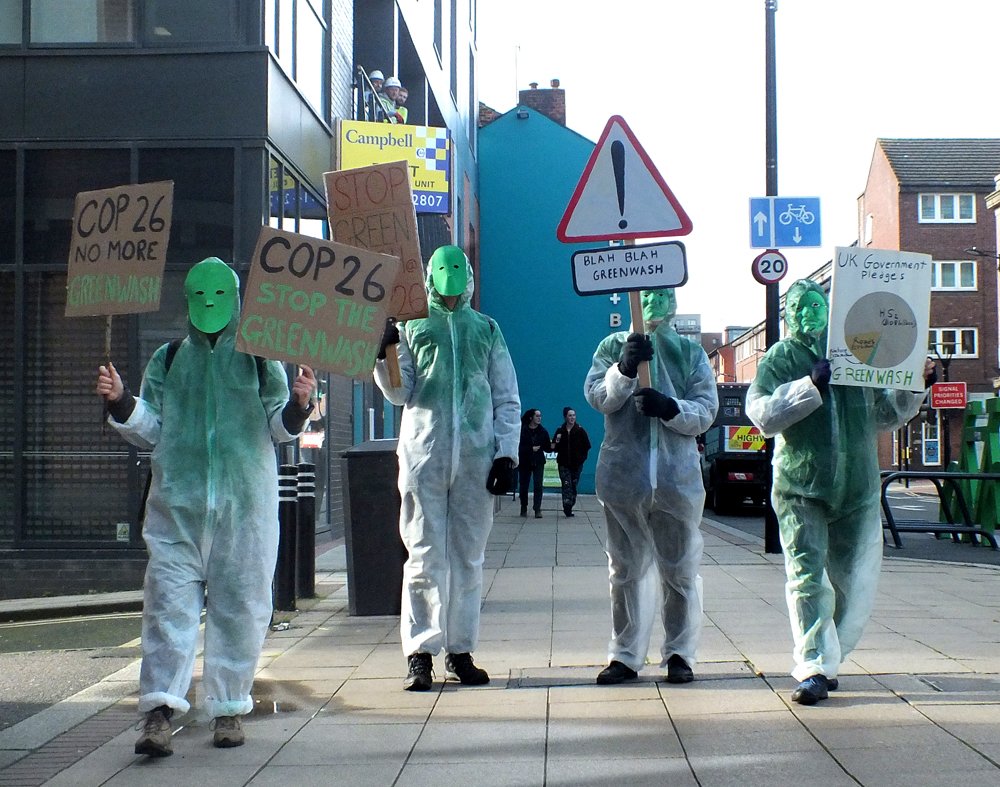 XRShef's tweet photo. Action today in #Sheffield against the constant greenwashing from governments and corporations. We need action not empty promises.

https://t.co/uZJSouEmsM

#ClimateAction #ActNow #Greenwashing #BlahBlahBlah #COP26 https://t.co/ggejxaCNwb