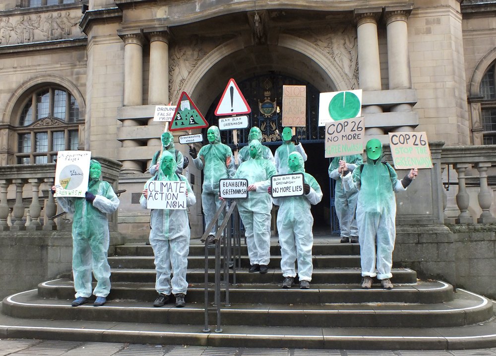XRShef's tweet photo. Action today in #Sheffield against the constant greenwashing from governments and corporations. We need action not empty promises.

https://t.co/uZJSouEmsM

#ClimateAction #ActNow #Greenwashing #BlahBlahBlah #COP26 https://t.co/ggejxaCNwb