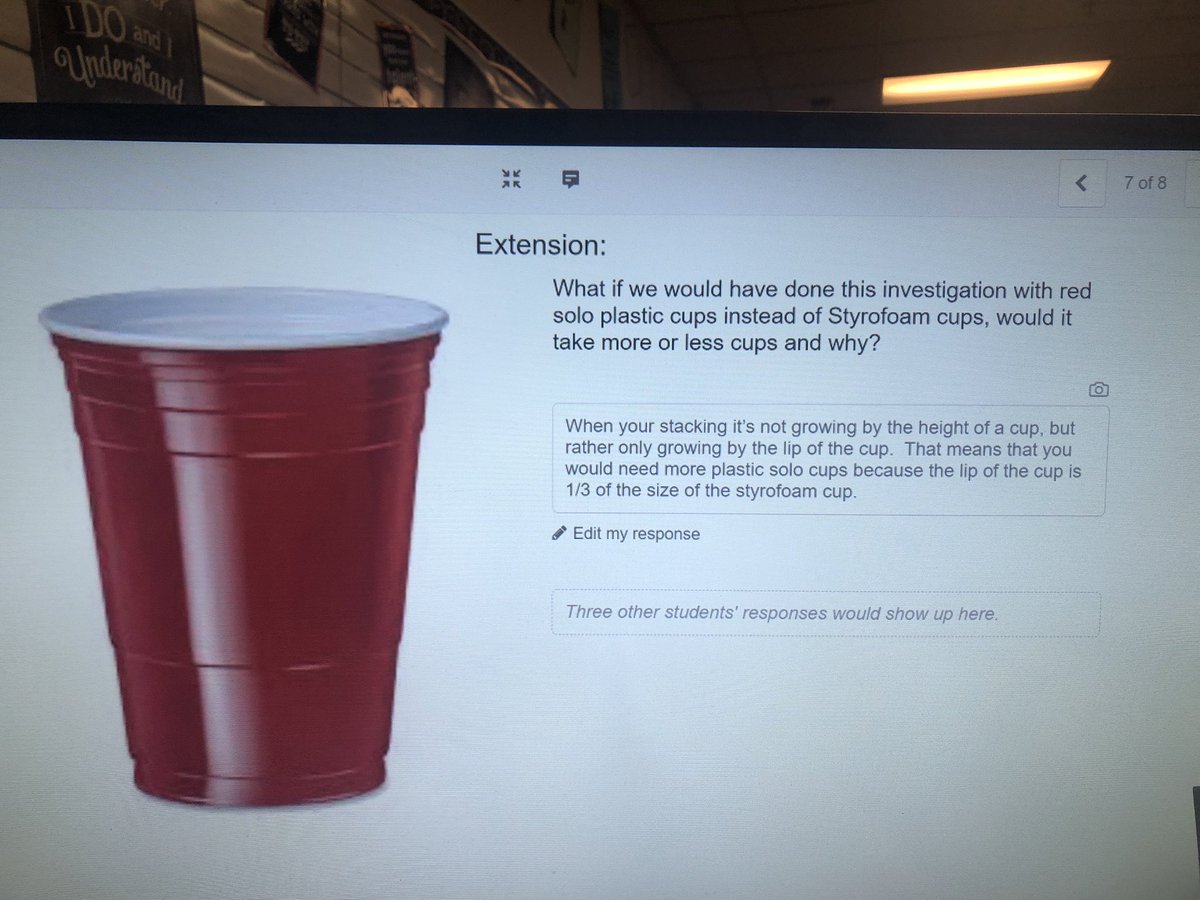 MrsStrole's tweet image. HonAlg completed a 3Act math task to👀#️⃣cups it took to go from the floor to the top of the door frame. Started w/ styrofoam cups. Then we determined what would happen if we used solo cups. Finally we related the activity to today’s topic➡️slope int form #seeingmath @FJHChargers