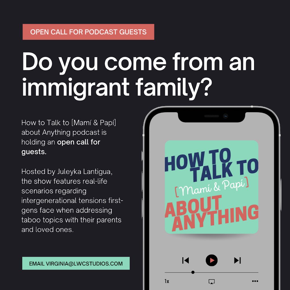 The show I work for ⁦<a href="/TalkToMamiPapi/">How to Talk to Mamí & Papí about Anything</a>⁩ is holding an open call for guests. First gens like me, come be on our show! 📢