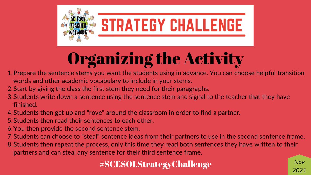 SC_MLE's tweet photo. It’s here, it’s here! The November #SCESOLStrategyChallenge is live! Thank you @mloveESL for putting this together for us! 🎉 We are excited to bring back the incredible voice of @MsSalvac for this month’s challenge. https://t.co/sOBX6caNzg