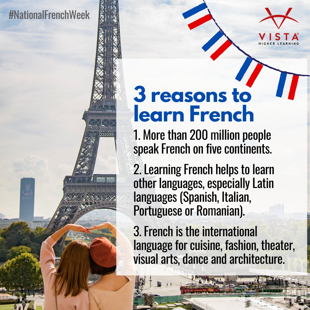 VHLHigherEd's tweet photo. Learning #French represents the pleasure of learning a beautiful, rich and melodious language.
The #NationalFrenchWeek organized by the @AATFrench is the ideal opportunity to promote French and all the reasons to learn it. More info here: https://t.co/RXbCcaXeZU https://t.co/DXhfud6Gvr