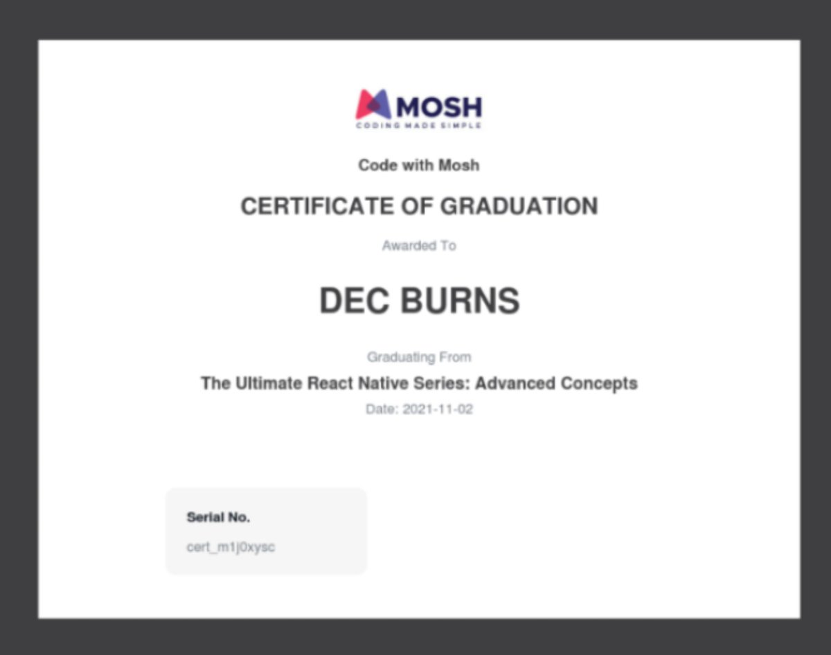 The React Native course from <a href="/moshhamedani/">Mosh</a>  is so good I got an offer for a React Native job half way through! 🎉🎉 Highly recommended!