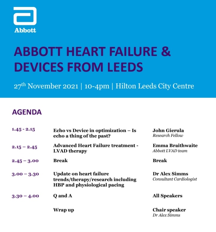 Come join us or log into the 4th Annual Abbott Heart Failure &amp; Devices Day from Leeds on the 27th of November.
It's always a great day with insight into the treatment of Heart Failure.
If you're interested please see the agenda and DM me for registration details