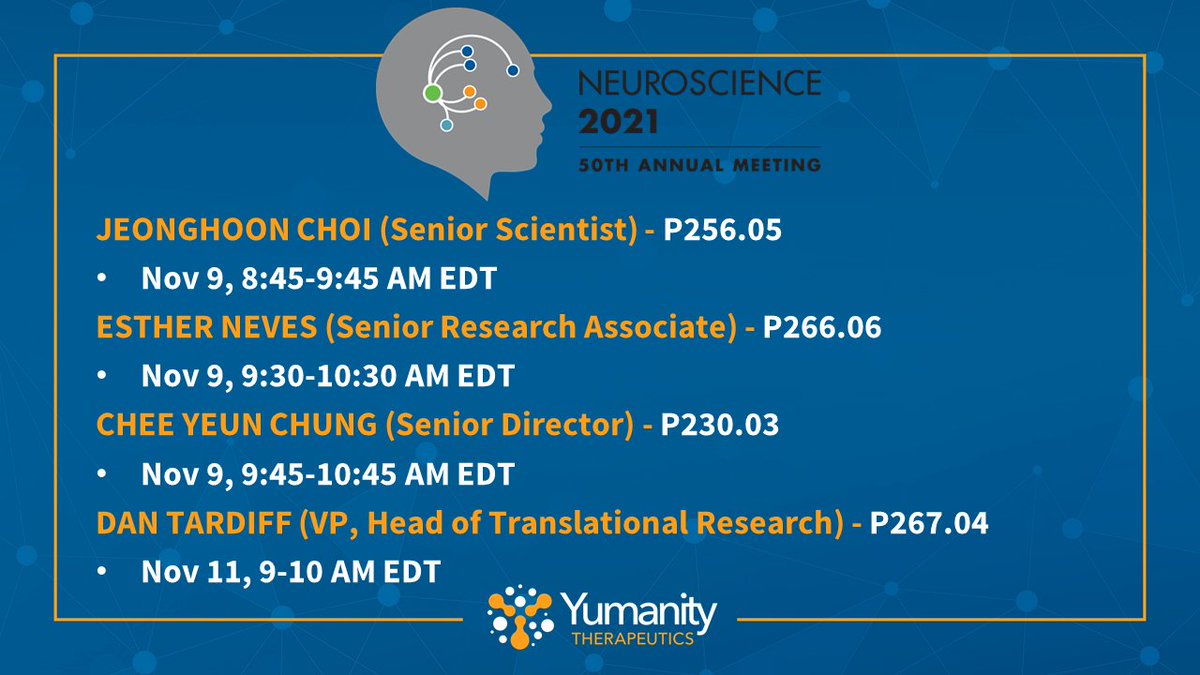 Yumanity (@yumanitytx) on Twitter photo Members of the Yumanity team are presenting at the Society for Neuroscience 50th Annual Meeting. Video presentations are available starting November 3 and round table discussions will take place November 9 and 11.
Register here: bit.ly/3nQ88nA
$YMTX <a href="/SfNtweets/">Society for Neuroscience (SfN)</a> #SfN21 Members of the Yumanity team are presenting at the Society for Neuroscience 50th Annual Meeting. Video presentations are available starting November 3 and round table discussions will take place November 9 and 11.
Register here: bit.ly/3nQ88nA
$YMTX <a href="/SfNtweets/">Society for Neuroscience (SfN)</a> #SfN21