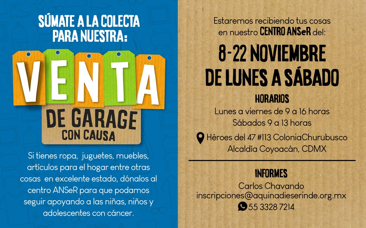 ANSeRiap's tweet photo. ¡Ayúdanos a seguir ayudando! Estamos preparando nuestra #VentaDeGarageANSeR ¡Súmate! Si tienes ropa, juguetes, muebles, artículos para el hogar entre otras cosas en excelente estado, puedes donarlas y ayudarnos a seguir apoyando a las y los niños con cáncer. https://t.co/cBCRKSkRwf