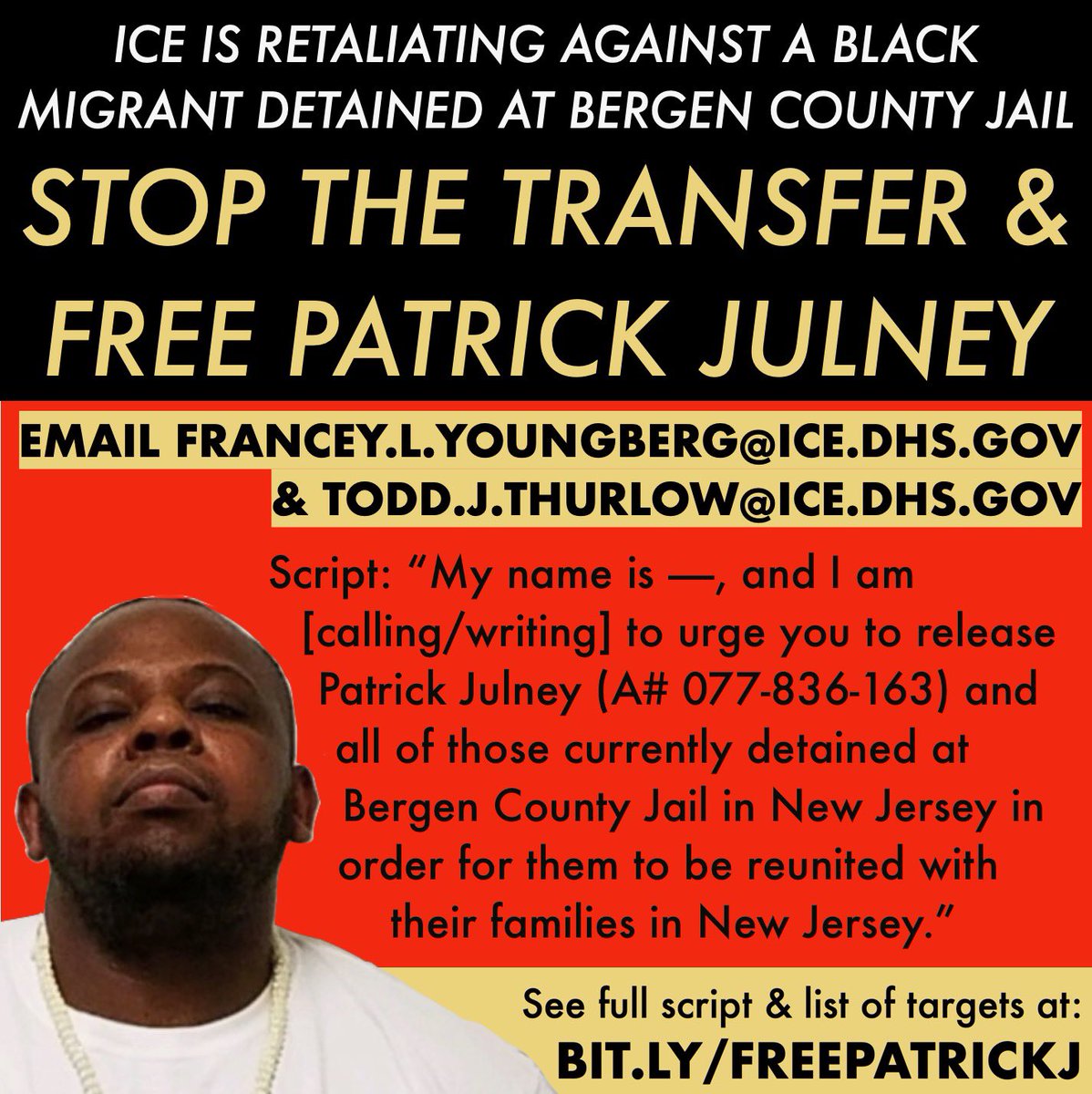 CosechaMovement's tweet photo. Patrick Julney is at risk of deportation. Thereβs a flight scheduled tomorrow morning from Alexandria, Louisiana to Haiti.
Yβall make some noise please. Be loud. Patrick needs to come back home to NJ w/ his family. #GroundThePlane #FreePatrick https://t.co/WBHjCo4Gm0