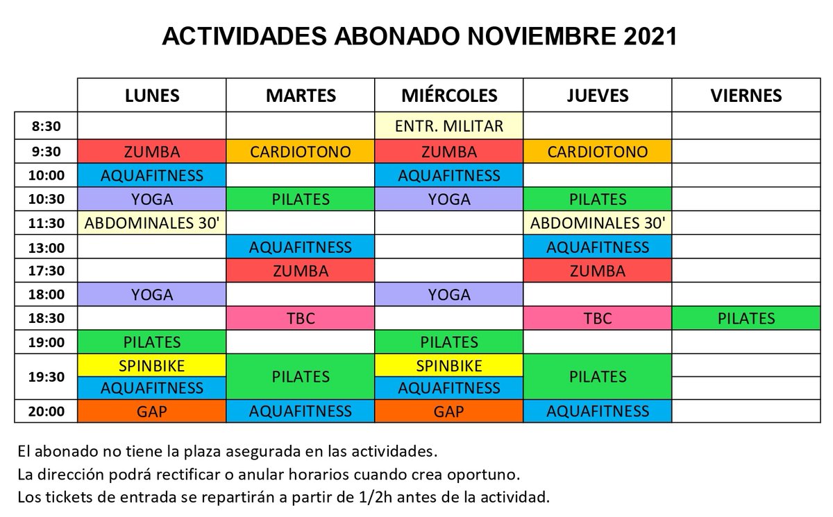 polimarxalenes's tweet photo. ✋ Horario Actividades Nov-2021
👉 CONSULTA: https://t.co/XrKLPXyUXe
▪️ De lunes a viernes
▪️ De 08.30 a 21,00 h
▪️ ENTRENAMIENTO MILITAR, AQUAFITNESS, ABD, YOGA, ZUMBA, PILATES, SPINBIKE, GAP, TBC, CARDIOTONO...
📍C / Just Ramírez s/n
Barrio Marxalenes - Valencia
🗣️  963400490 https://t.co/2X3nYBEzSu