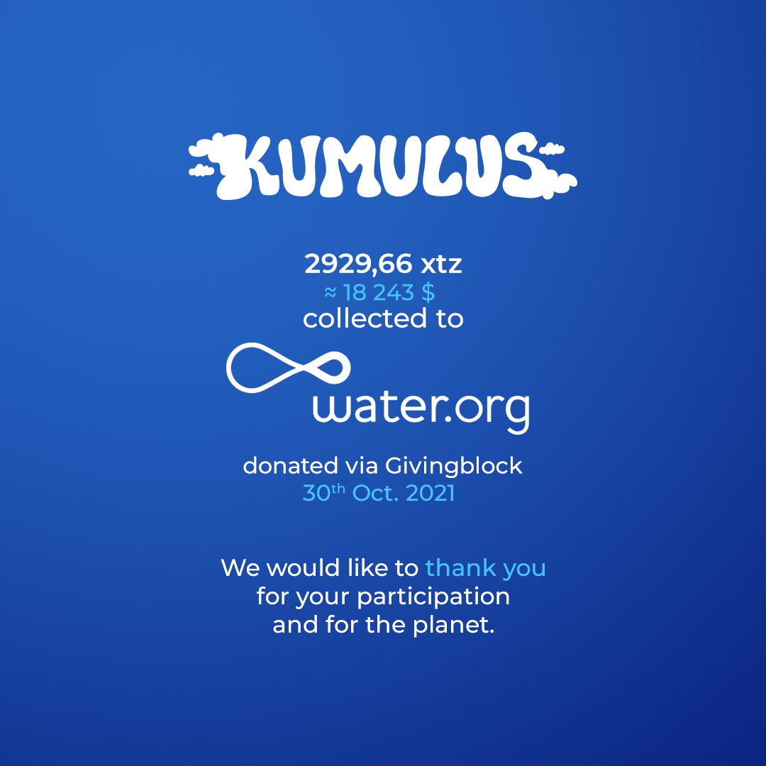 33% of our 56000$ donation went to the non-profit <a href="/Water/">Water.org</a>. Money was sent via <a href="/TheGivingBlock/">The Giving Block</a> in <a href="/tezos/">Tezos</a>!
We made a big difference together! 🌊🙏
