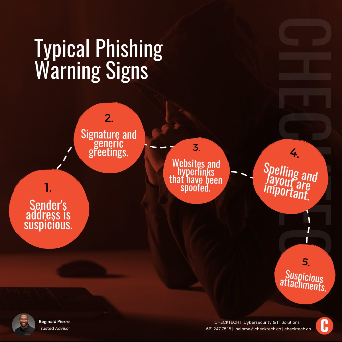What are some of the most typical phishing warning signs?
👉 Sender's address is suspicious. 
👉 Signature and generic greetings.
👉 Websites and hyperlinks that have been spoofed. 
👉 Spelling and layout are important. 
👉 Suspicious attachments. 

Consult with us today!