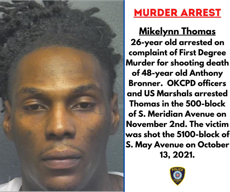 Yesterday, working with the <a href="/USMarshalsHQ/">U.S. Marshals Service</a> we arrested 26-year old Mikelynn Thomas who was wanted on a murder warrant for an OKCPD investigation from October of this year (#21-78042).

Nice work by everyone involved in getting Thomas into custody.