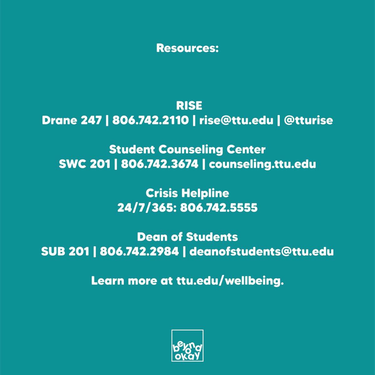 TexasTech's tweet photo. #BeyondOkay is about taking what we know about what makes us feel like our best selves and implementing it into our routine. 

What does wellbeing day to day look like to you?

https://t.co/pelvD6PvdD https://t.co/fdViDrbNSP