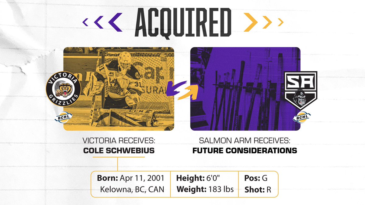 The Victoria Grizzlies have acquired 2001 Born goaltender, Cole Schwebius from the Salmon Arm Silverbacks.

Welcome to the Grizzlies Cole.
