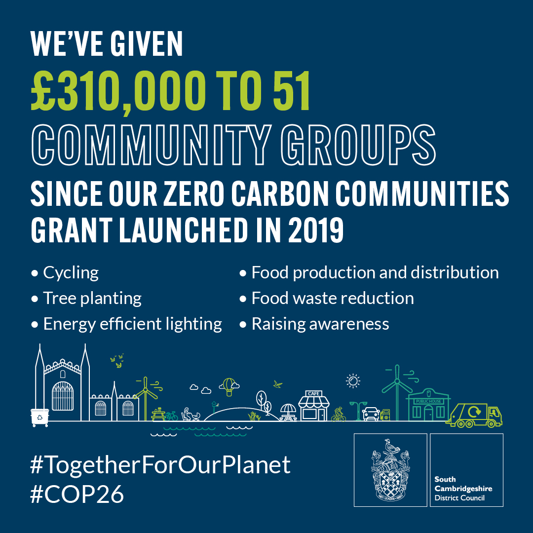 SouthCambs's tweet photo. 🌍 We've given £310,000 to 51 community groups through our Zero Carbon Communities grant scheme so far, to fund projects from cycling and lighting upgrades, to tree planting and climate education. #COP26 #TogetherForOurPlanet #ClimateEmergency https://t.co/xUvDW7Lk0F