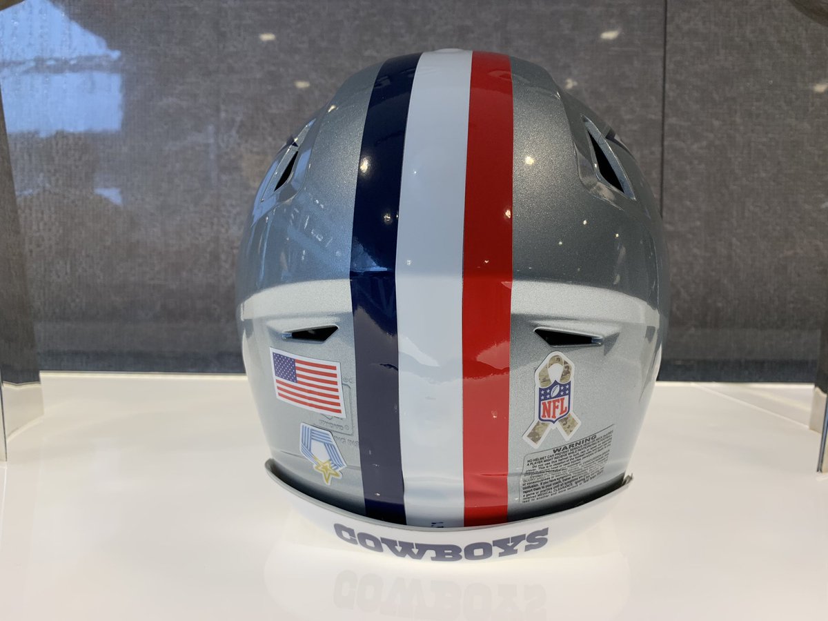 calvinwatkins's tweet photo. For the first time since the 1976 season, the Cowboys will wear a red stripe on their helmets to honor our country’s armed forces and Medal of Honor recipients at the Salute to Service in Sunday’s game against the Broncos. https://t.co/mQtrDb2doo