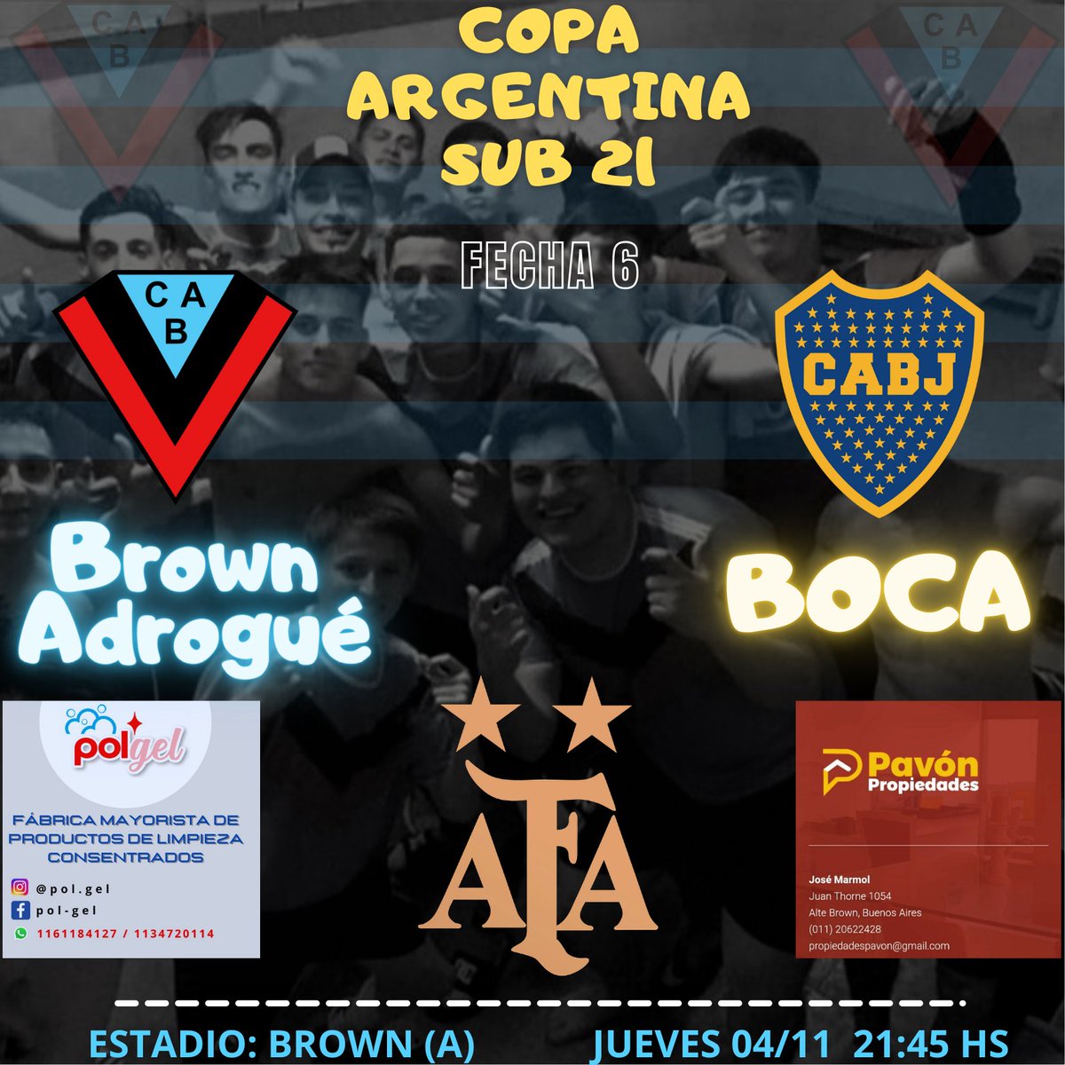 COPA ARGENTINA SUB 21💙🤍
Fecha 6
⚽ #BocaJúnior🔵🟡
🗓Jueves 04/11
⌚21:45 HS
🏟Gimnasio Nicolás Abud(Cerreti 868, Adrogué)
🎫$300
#TerceraDivisión 
#Afa
<a href="/camareromartin/">Martín Camarero</a>
<a href="/pasionfutsal/">Pasión Futsal</a>
<a href="/adostoquesfut/">A Dos Toques Futsal</a>
<a href="/CABrown_Oficial/">C. A. Brown de Adrogué</a>
<a href="/BocaFutsal/">Boca Futsal</a>
<a href="/40x20Boca/">40x20 Futsal Boca</a>
#SomosAdrogué 
#VAMOSTRICO 
💙🖤🔴