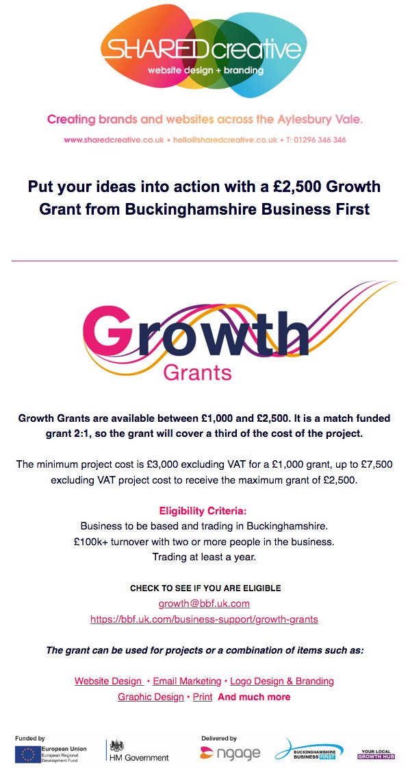 Put your ideas into action with a £2,500 Growth Grant from #BuckinghamshireBusinessFirst – GrowthGrants are available between £1k and £2,5k. It's a match funded grant 2:1. 
CHECK TO SEE IF YOU ARE ELIGIBLE
growth@bbf.uk.com
bbf.uk.com/business-suppo…
hello@sharedcreative.co.uk