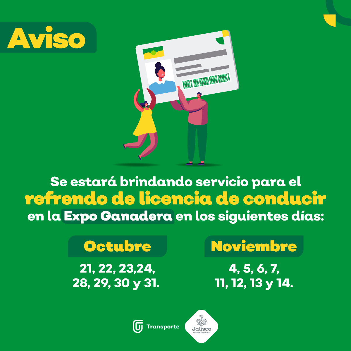 TransporteJal's tweet photo. 👀 #TomaNota | Si planeas visitar la Expo Ganadera, te informamos que podrás refrendar tu licencia de conducir en nuestro módulo. 💳

🕚 El horario de servicio es de 11:00 de la mañana a 5:00 de la tarde. 

Consulta los requisitos aquí: 👉 https://t.co/tRE2do1AFX https://t.co/HXMMDX2nKD