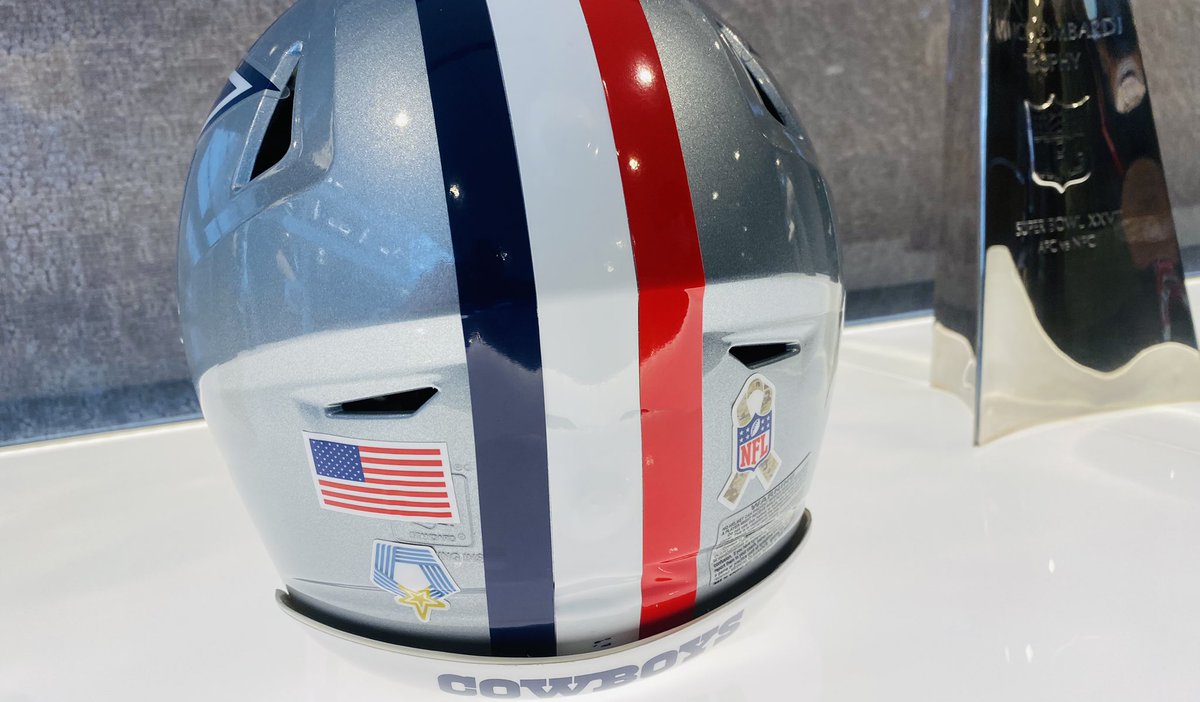 fishsports's tweet photo. For first time since 1976, #Cowboys to wear red stripe on helmets to honor Armed Forces &amp; Medal or Honor recipients at #SalutetoService Sunday. #Broncos &amp; @dallascowboys will wear decals. FULL COVERAGE at https://t.co/XpImtdZoYw https://t.co/SBcdvK27RY