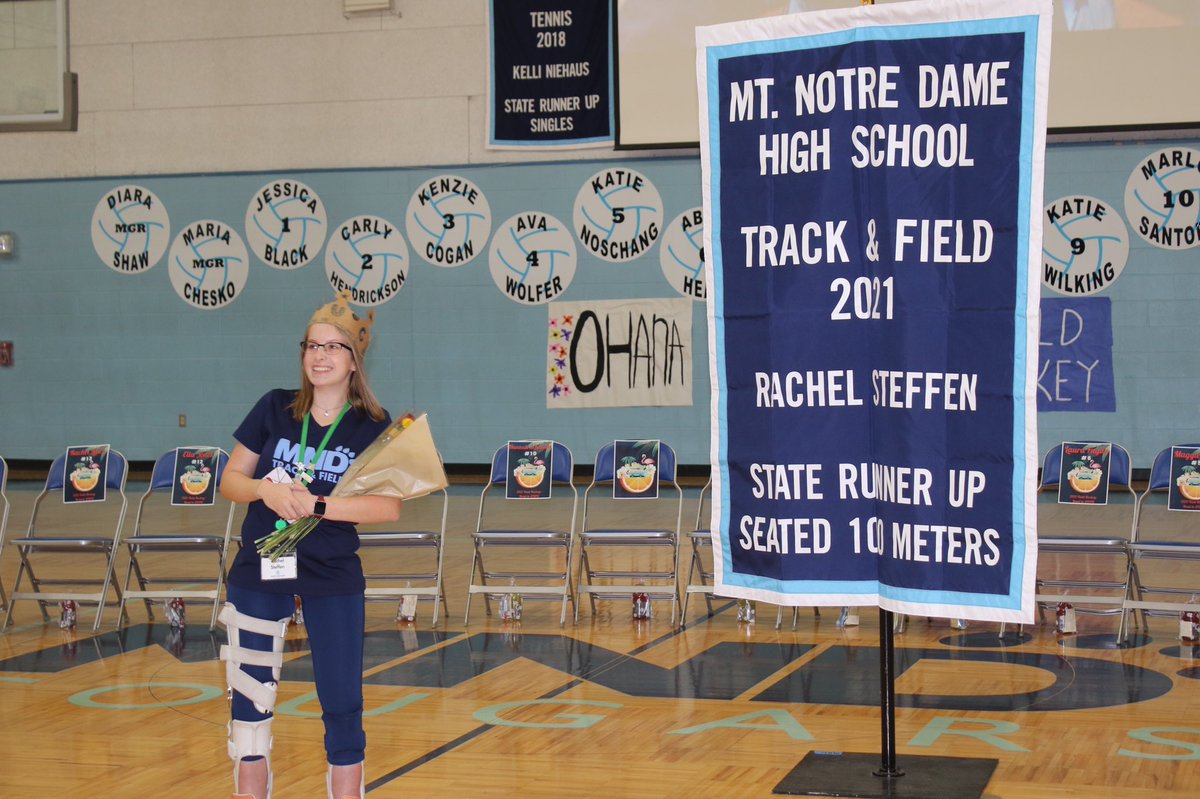 The banner has arrived for our 2021 State runner-up in the Seated 100 Meters - Rachel Steffen ‘22! 💙🐾🥈