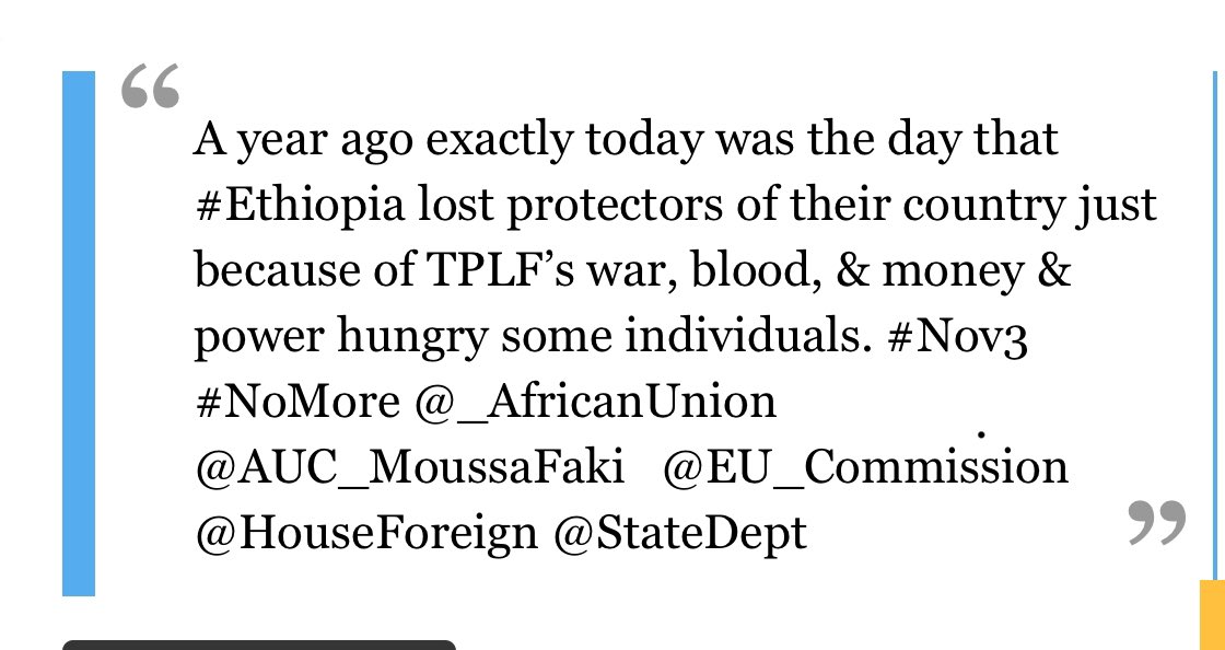 AlemnewSisha1's tweet photo. A year ago exactly today was the day that #Ethiopia lost protectors of their country just because of TPLF’s war, blood, &amp; money &amp; power hungry some individuals. #Nov3 #NoMore @_AfricanUnion @AUC_MoussaFaki   @EU_Commission @HouseForeign @StateDept https://t.co/pUXNwNiQyi