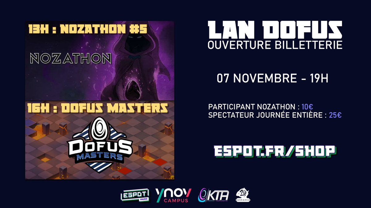 Rendez-vous dimanche à 19h pour la billetterie de la LAN du 27 novembre à l'<a href="/espotparis/">ESpot</a> !

➡️ espot.fr/shop ⬅️