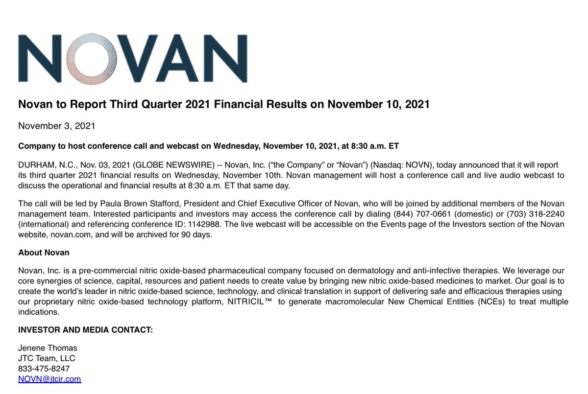 InCausaPro's tweet photo. $NOVN
Novan to report third quarter 2021 financial results on November 10, 2021.
β> Conference Call and Webcast on Wednesday, November 10, 2021, at 8:30 a.m. ET.
#NITRICIL #NitricOxide #BerdazimerSodium #KINSOLUS #FinancialResults
Source: https://t.co/mcnvQbpbtD https://t.co/UTFNR4MczG