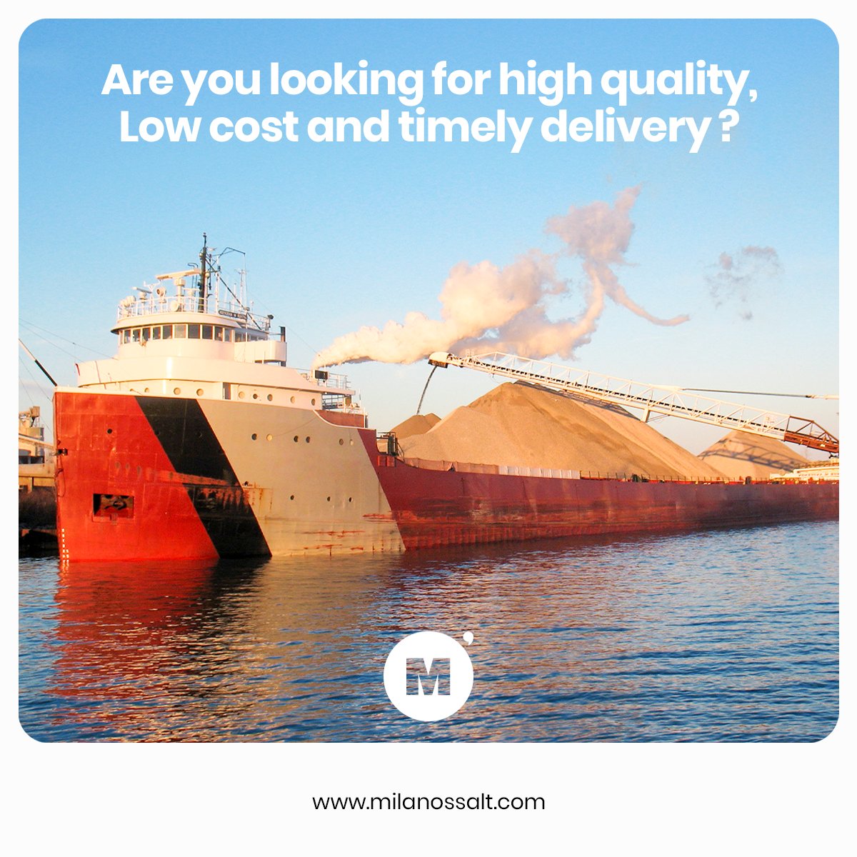 Are you looking for high quality, Low cost and timely delivery?

In that case, the bulk service is the best option since you'll get the highest quantities at the most competitive prices and on time delivery

#FOB #CIF #Salt #deicingsalt #NaCL #highspecification #bulk #Roadsalt