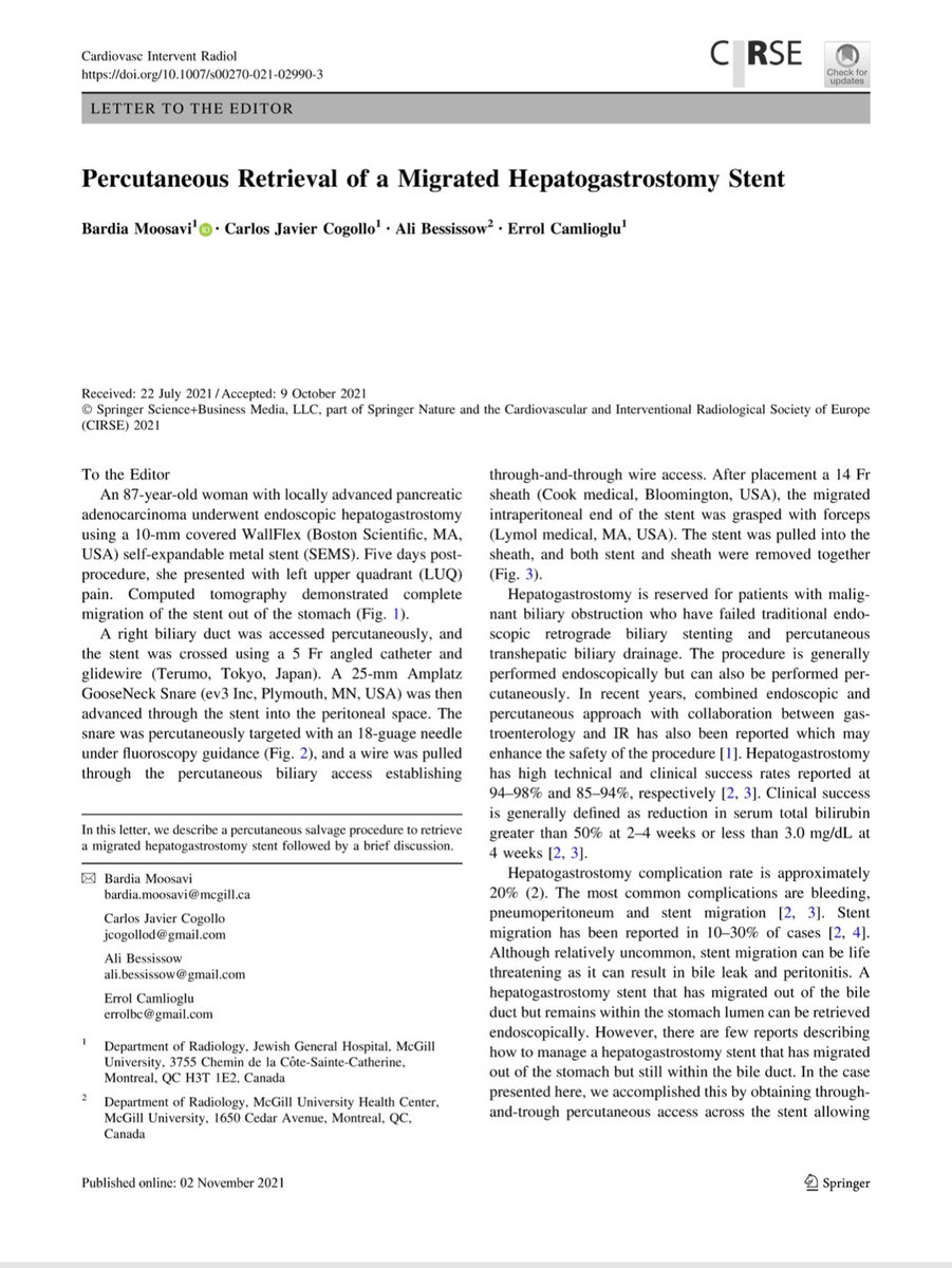 bardiamoosavi's tweet photo. Check out our paper describing a salvage technique for retrieval of a migrated hepatogastrostomy stent! @ABessissow @mcgillradiology @CAIRweb @CVIR_Journal @cirsesociety @SIRspecialists @SIR_ECS #IRad #MedTwitter  https://t.co/1AC2Ey1YG0 https://t.co/scbYnGwqWf