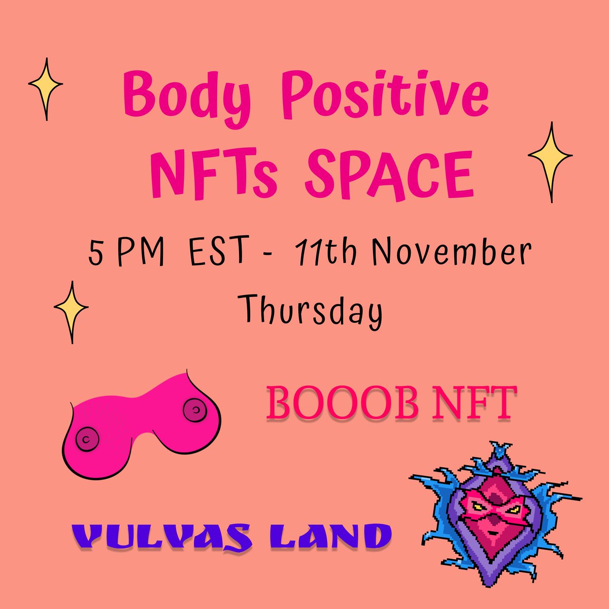 Talk BODY POSITIVITY to me! 
Body Positive NFTs and Body Positivity in general! Why do you think it's important?

An Open Mic Space hosted by me and <a href="/booobnft/">BOOOB</a>. Everyone is welcome, as long as you relate to the topic. LGBTQ+ friendly!

 LET'S GO💜💜💜